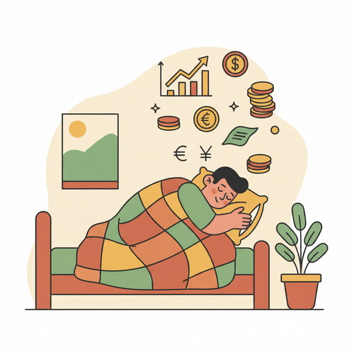 Illustration of a person sleeping soundly with financial graphs and money symbols floating around, representing sleep ROI financial productivity.
