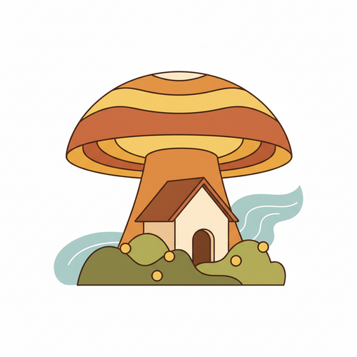 A cartoon illustration of a tiny house being protected by an insurance policy shield, representing tiny house insurance.