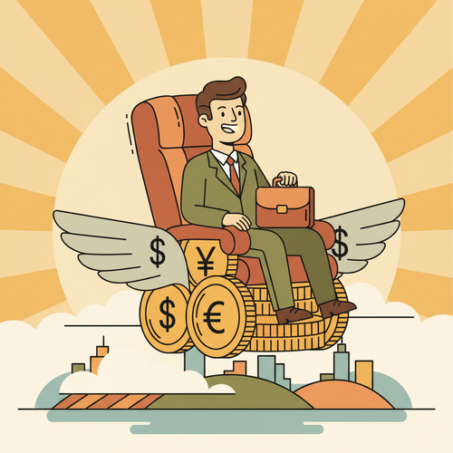 Flat design illustration of a person flying first class on a coach budget through travel hacking.