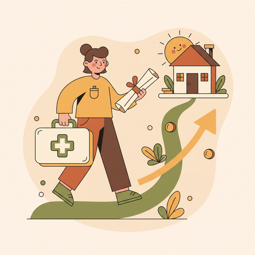 Flat design illustration of a traveler with a medical chart and first aid kit, symbolizing travel insurance for pre-existing conditions.