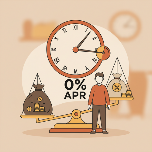 A person weighing balance transfer fees against 0% APR savings on a scale, symbolizing debt management decisions.
