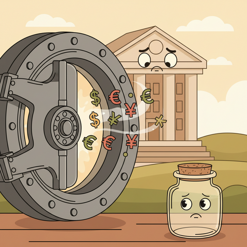 Cartoon illustration showing money leaving a savings jar and a bank vault, symbolizing understanding negative interest rates and their impact on personal finance.