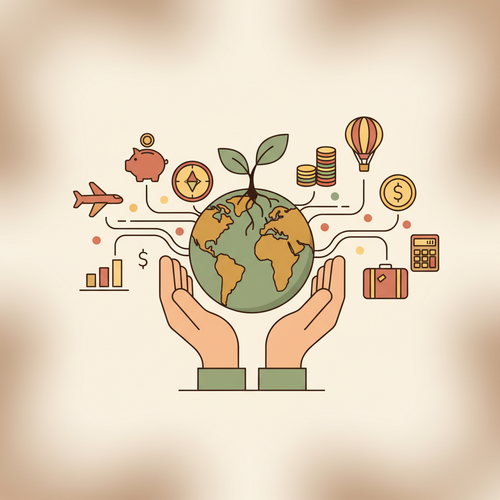 Flat design illustration of Voluntourism budget travel, depicting hands holding a globe with travel and savings icons.