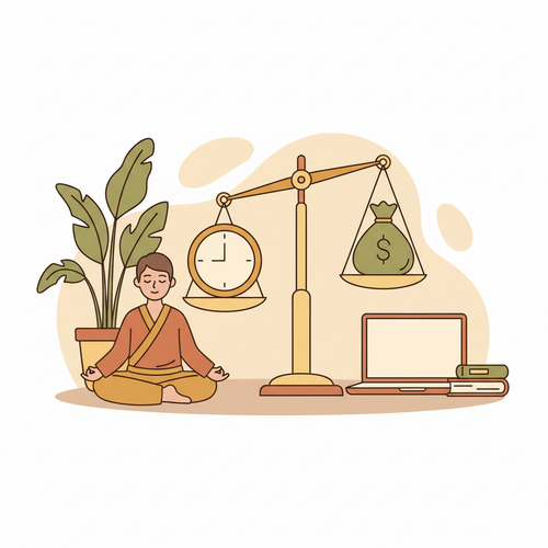 Illustration of balanced scales with a clock and money bag, representing work-life balance costs for beginner investors.