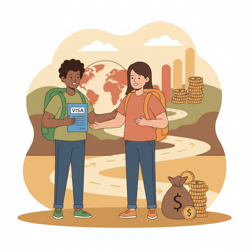 Two young explorers planning their journey with working holiday visas and a budget guide, ready for adventure.