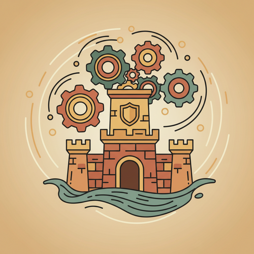 Flat design illustration showing interconnected financial gears and a strong, resilient financial fortress, representing systemic risk portfolio structuring and actuarial forecasting.