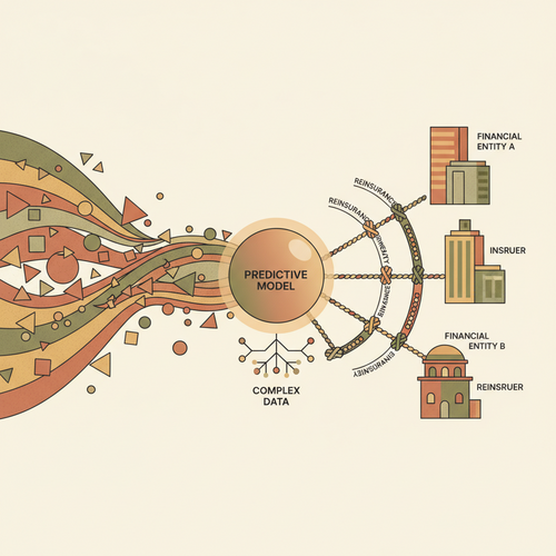 Flat design illustration representing actuarial forecasting in dynamic reinsurance frameworks, with data streams feeding into a predictive model, optimizing capital allocation and risk management