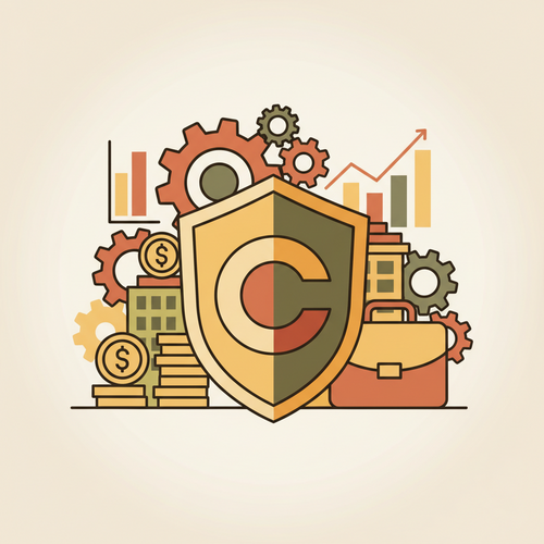 A flat design illustration depicting a shield protecting various corporate assets, with financial graphs and gears in the background, representing advanced corporate asset shielding and risk management.