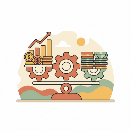 Flat design illustration showing gears and charts balancing coins, representing algorithmic portfolio rebalancing and individual capital deployment.
