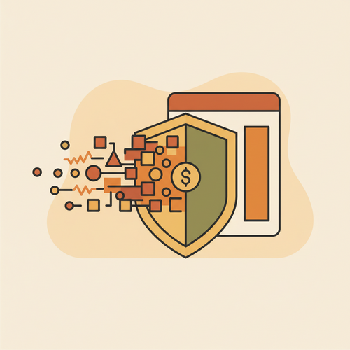 An illustration showing data flow into a protective shield, symbolizing algorithmic premium underwriting for macro-liability shielding and financial resilience.