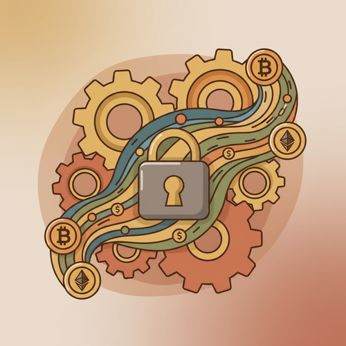 Flat design illustration of algorithmic reward yields and unsecured credit leveraging mechanisms in decentralized finance, with abstract gears, digital currency, and security locks.