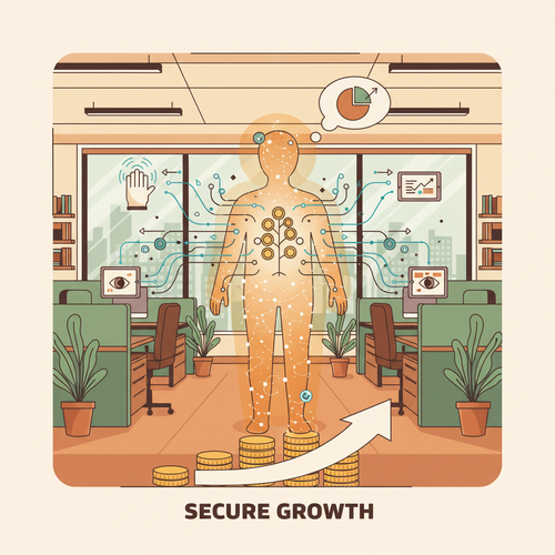 Flat design illustration depicting biometric data utilization in occupational health protocols for enhanced workforce wellness and productivity.