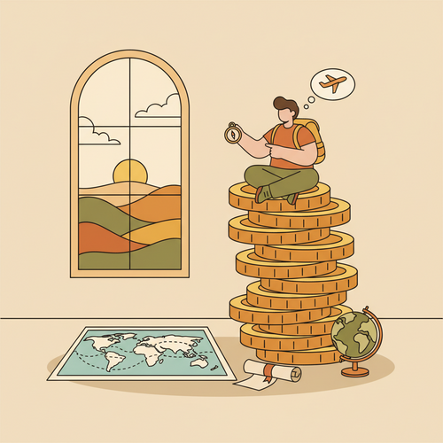 Flat design illustration depicting a person happily budgeting for a sabbatical, sitting on money with a map and backpack, symbolizing funding a year off.