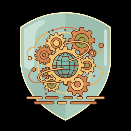 Illustration showing dynamic underwriting protocols protecting against catastrophic risk reinsurance, featuring gears and a shield over a globe.