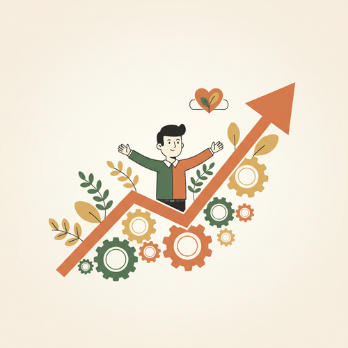 Flat design illustration showing the capitalization of corporate wellness, with a healthy employee boosting financial graphs and operational gears, symbolizing increased human capital and productivity.