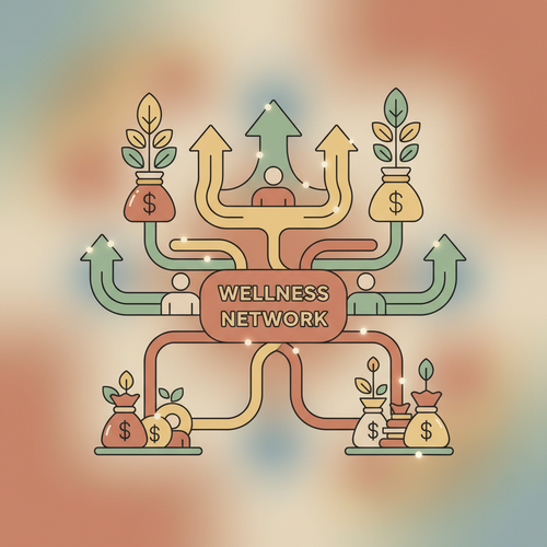 Flat design illustration depicting corporate wellness infrastructure optimizing human capital longevity with interconnected human figures and growth metaphors.
