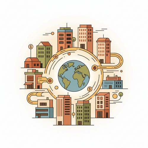 Flat design illustration showing global offices connected by lines of currency and data, representing global mobility fiscal optimization and cross-border expenditure strategy.