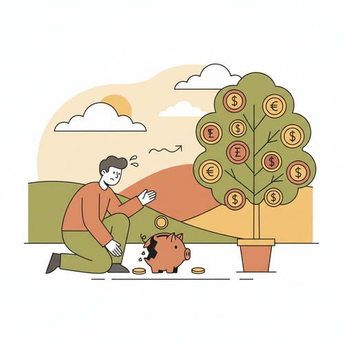Illustration of a person financially recovering from job loss, showing steps like managing money and growing savings.