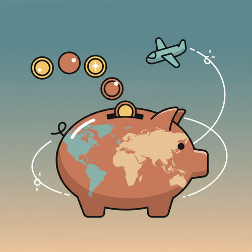 Flat design illustration depicting a travel sinking fund setup, showing money saved in a piggy bank for future vacations.