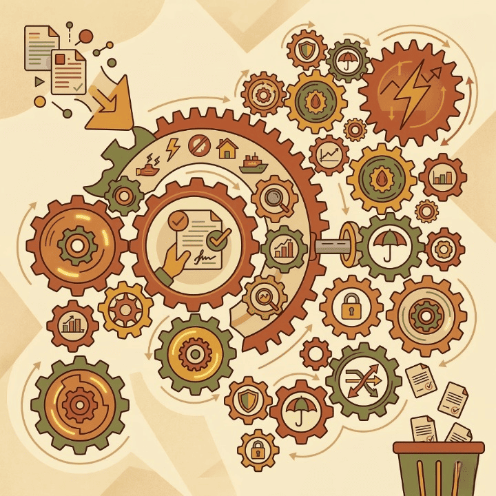 Conceptual illustration of institutional risk hedging and advanced premium underwriting methodologies, showing interconnected financial gears.