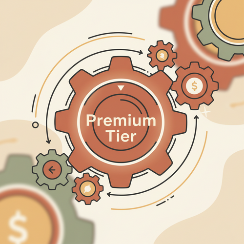 Flat design illustration depicting interchange revenue optimization through premium tier liability management, showing interconnected payment processing gears.