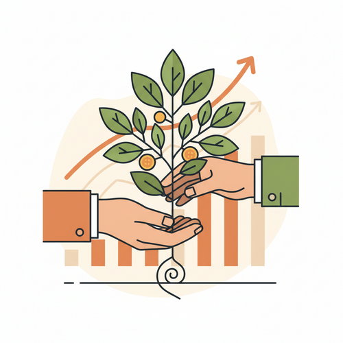 Illustration depicting intergenerational wealth transfer, showing hands passing a growing plant, symbolizing capital accumulation and its microeconomic allocation across generations