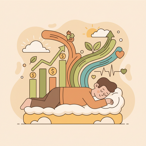 Flat design illustrating strategic mattress upgrade yielding health and financial returns, representing sleep health investment.