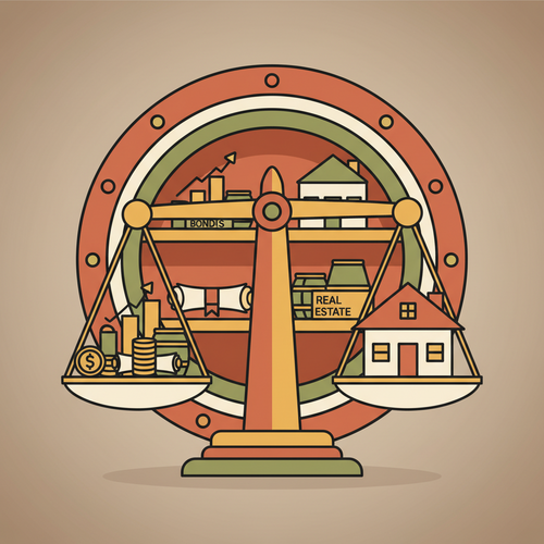 Illustration representing microeconomic asset diversification strategies for wealth preservation, showing a balanced portfolio of various investment types.