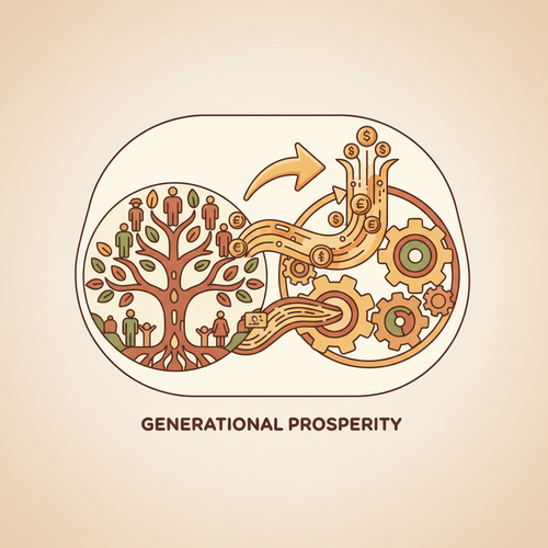 Illustration depicting intergenerational wealth transfer managed by algorithmic portfolio rebalancing, showing asset flow and strategic financial planning.