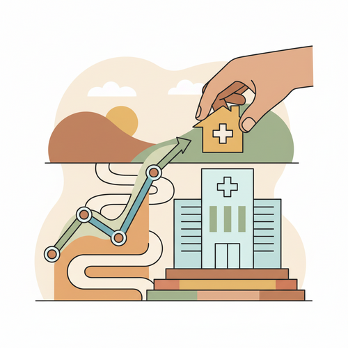 Illustration representing quantitative longevity metrics guiding healthcare infrastructure investment decisions, showing data analytics and facility construction.