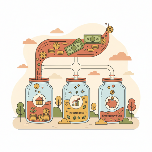 Conceptual illustration of reverse budgeting strategy, showing automated money allocation to different financial goals.