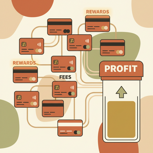 Illustration of interconnected payment cards and reward systems contributing to interchange revenue maximization for financial institutions.