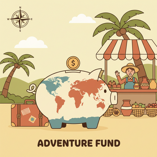 A world map-patterned piggy bank amidst a serene slow travel scene, symbolizing the financial benefits and cost savings of staying longer in one place.
