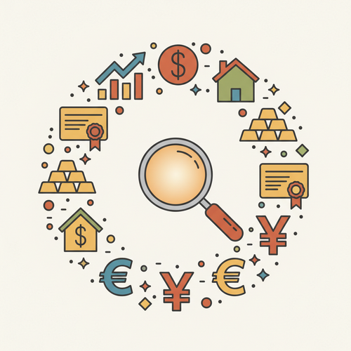 Illustration of diverse financial assets including stocks, bonds, real estate, and gold, demonstrating strategic Ultra-High Net Worth portfolio diversification.