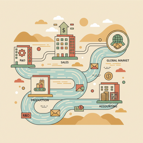 Flat design illustration depicting the strategic flow of unsecured revolving credit optimizing business operations and enhancing financial liquidity.