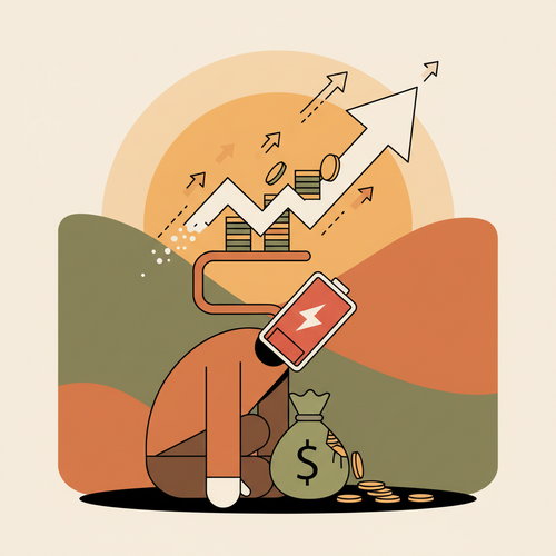 Illustration depicting the financial impacts of burnout, showing a person with a low energy battery connected to diminishing financial graphs.