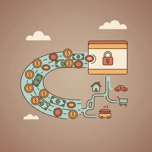 Flat design illustration representing the 'Pay Yourself First' budgeting technique, showing money flowing into a savings jar before bills, signifying financial priority and wealth building.