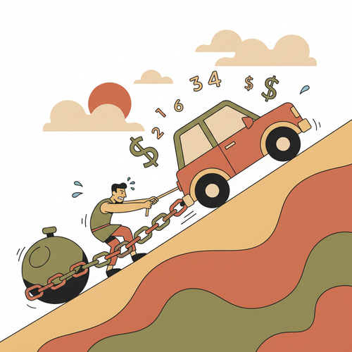 Flat design illustration of a person struggling to pull a car chained with debt up a steep hill, representing the real cost of subprime auto loans in 2026.