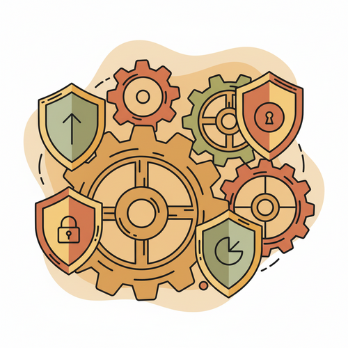 Flat design illustration showing gears representing financial systems and protective shields symbolizing Advanced Systemic Reinsurance Architectures and actuarial risk mitigation.