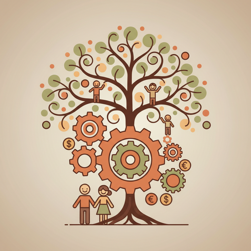 Algorithmic Asset Diversification for Intergenerational Wealth Structuring: Abstract gears representing algorithms connecting to a flourishing family tree, symbolizing long-term financial growth and legacy.
