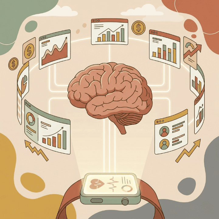 Flat design illustration showing biometric data integration in corporate human capital valuation models, with a smartwatch linking to algorithmic data charts.