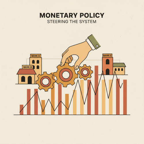 Flat design illustration of a central bank influencing interbank rate volatility, representing central bank monetary restructuring.