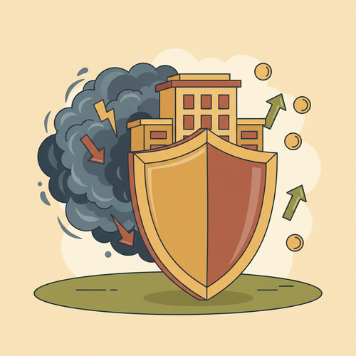 Illustration depicting corporate asset shielding, a protective barrier surrounding a business, guarding it against macroeconomic liability and financial volatility.