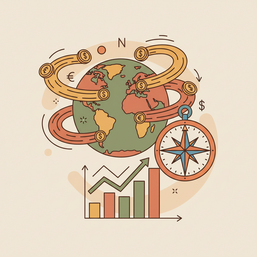 Conceptual illustration depicting cross-border liquidity arbitrage and geopolitical capital allocation with global money flows and market indicators.