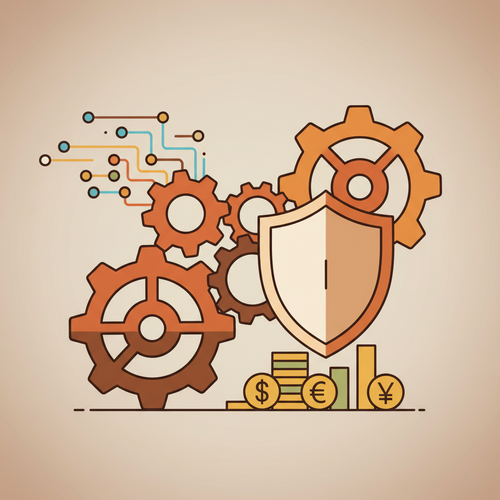 Flat design illustration of dynamic reinsurance gears interlocking with a shield protecting financial assets, representing advanced actuarial liability shielding and dynamic reinsurance protocols.