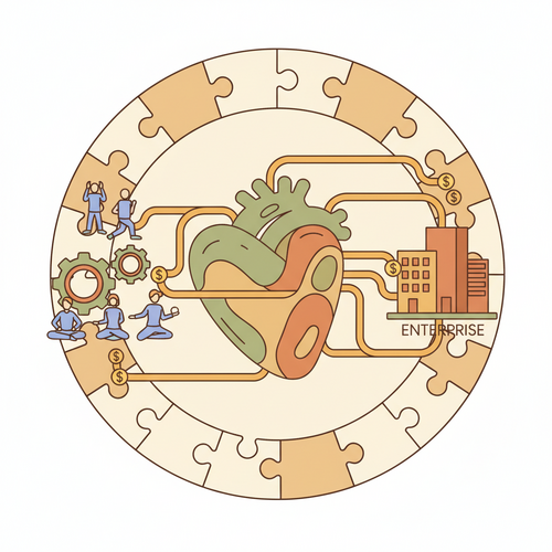 Flat design illustration depicting a corporate environment with intertwined elements of healthcare, finance, and long-term employee well-being, symbolizing enterprise healthcare longevity optimization.