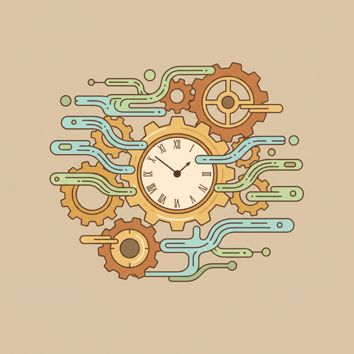 Flat design illustration of interconnected gears and data streams, symbolizing enterprise healthcare infrastructure optimization and operational longevity.