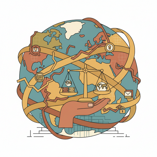 Flat design illustration depicting geopolitical liquidity deployment with capital flows across stylized country borders, representing cross-border fiscal structuring in a professional context.