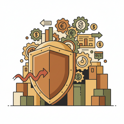 Flat design illustration of a strong, institutional shield protecting a complex financial architecture, symbolizing institutional risk hedging architectures and asset shielding.