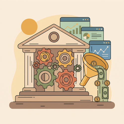 Flat design illustration of a financial institution optimizing unsecured credit portfolios and interchange yields through data analytics and strategic financial management.